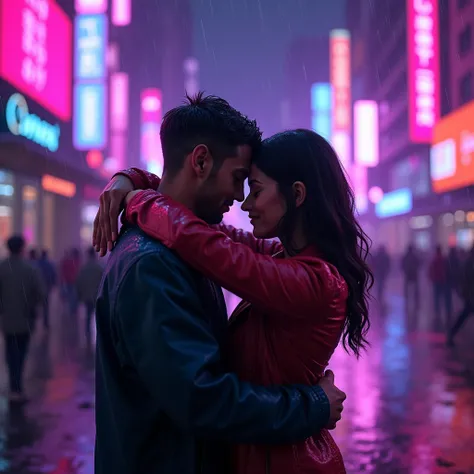 two people (a man and a woman) hugging on a rainy day. They are in a city and it is night and the city is glowing purple.