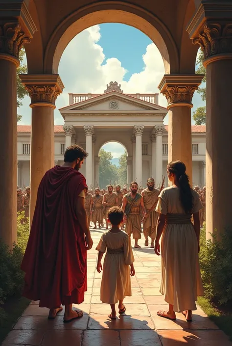 Roman family looking in terror at a group of barbarian warriors advancing towards their villa easy drawing