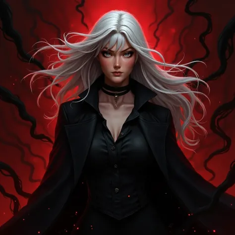 full view of a woman with long white hair and bangs, red eyes, wearing dark clothes, concentrated, looking straight ahead, in a dark, red place while black smoke of shadows circulate around her, HQ Art Marvel Comics
