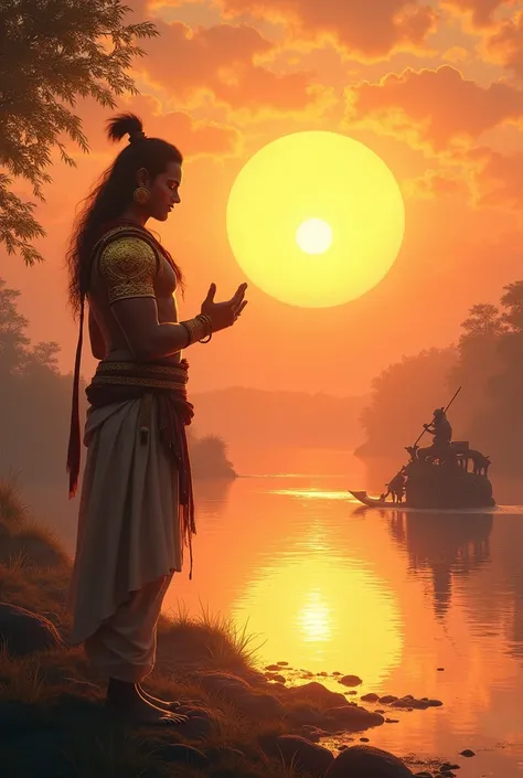 Prompt: "Karna, the noble warrior, stands on the bank of a river at sunrise, offering prayers to the Sun God. He is dressed in simple attire, with golden armor shining in the early morning light. His face shows a mix of reverence and determination. The gol...