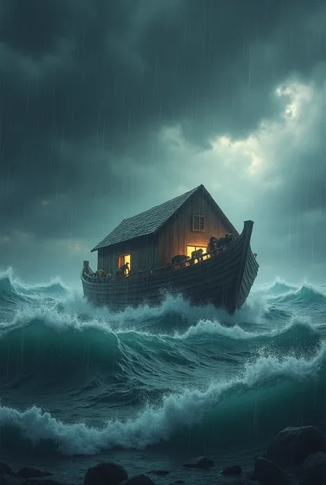 A great flood comes – The flood waters begin to rise, with dark clouds and heavy rain, and an ark floating on the water.