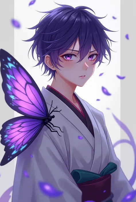 Create a picture of the hunter&#39;s mark of Shinobu&#39;s son who is a user of insect breath he has purple eyes hair with purple highlights and a kimono that looks like butterfly wings he is a man 