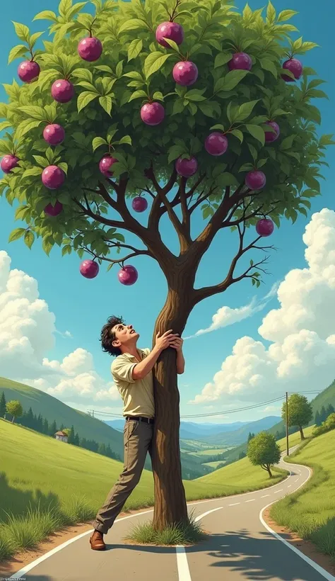 A dumb man climbing A plum tree wich is middle of a road