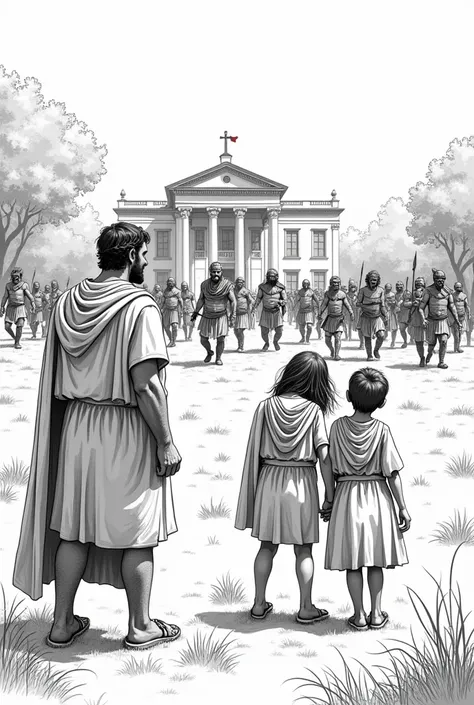 Roman family looking in terror at a group of barbarian warriors advancing towards their villa easy black and white drawing 