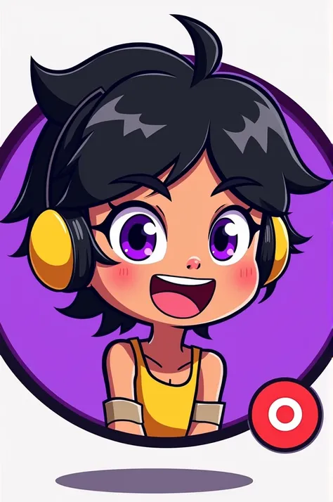 The image is a digital illustration of a cartoon character with black hair and purple eyes. The character has a big smile on their face and is wearing a pair of yellow headphones. The background is a purple circle with a black outline. In the bottom right ...