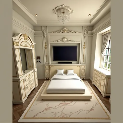 Bigger tv with cabinets overhead around. Queen-size bed. Fancy and rich room. White marble. 