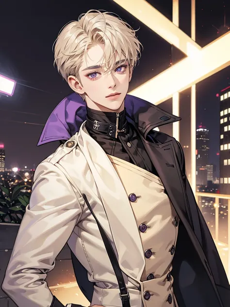 a boy with purple eyes. wavy short cream beige hair. cool, and handsome. he thin. he handsome. his hair wavy with side-parted hair.. wear black jacket. Background in city. careful, happy. he looks happy. short hair