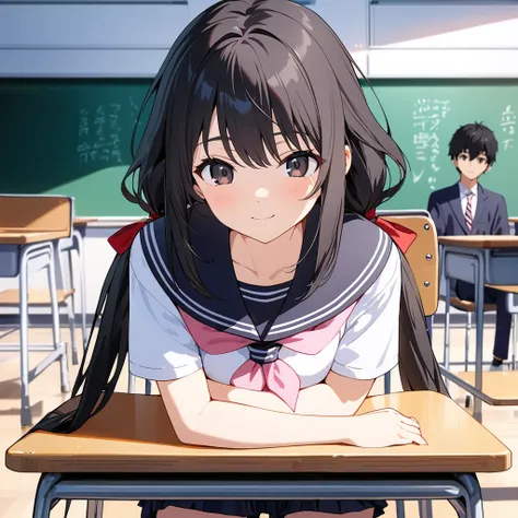 High resolution, 8k, best quality, masterpiece, ultra detailed, anatomically correct, anime,
1girl, sitting in a chair, bent over, arms on school desk,
BREAK
very long low twintails with red ribbon, very long low pigtails, black hair, dark brown eye,
light...