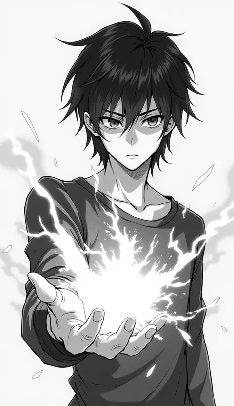 A black and white sketch that looks original and handmade of a 20 year old male anime character with a tall and thin body. He has a handsome Asian face with shoulder-length hair whose bangs partially cover his right eye. His eyes looked focused with a seri...