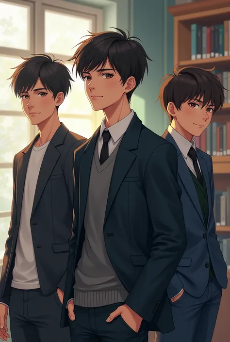 Generates an image of a high school boy, another from high school and another from a graduate with suits studying