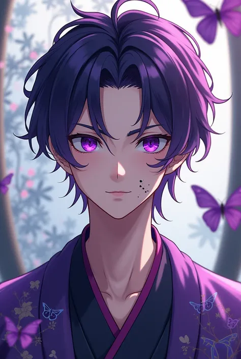 Create a photo of the hunter&#39;s mark of Shinobu&#39;s son who is a user of insect breath, he has purple eyes, hair with purple highlights and a kimono that looks like butterfly wings, he is a man, now make him with a hunter&#39;s mark on his face as if ...