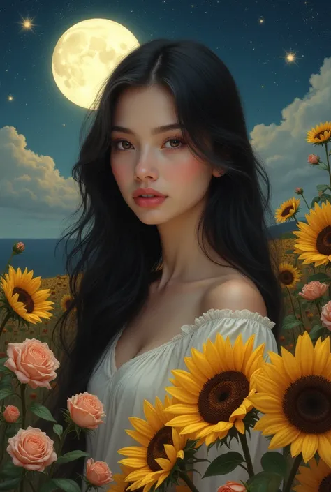 Name Jhuliana on a background with a full moon and stars full of sunflowers and roses