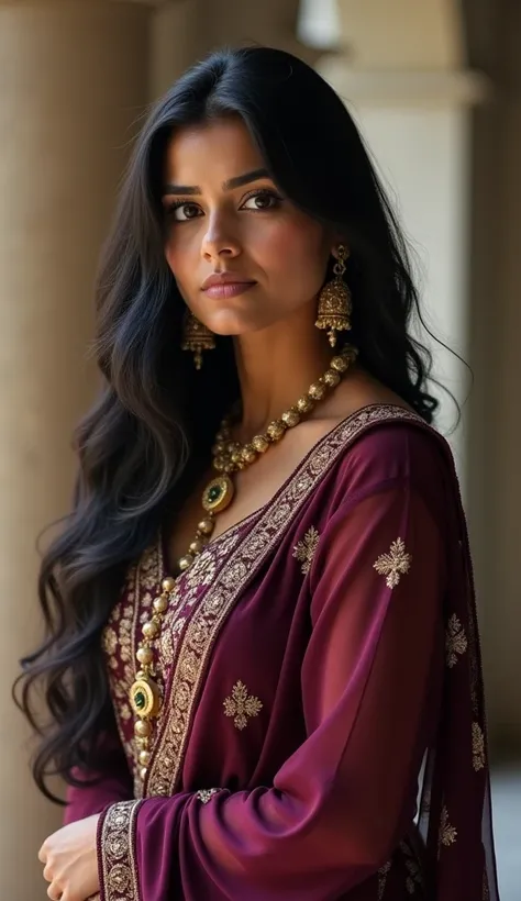 "A realistic North Indian girl, aged 25, standing at 57 with a curvy, Latina-like body type. She has long, thick black hair styled in soft waves, flowing over her shoulders. Her warm brown skin complements her striking gray eyes, which give her a unique an...