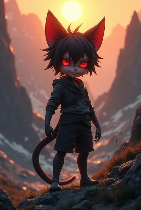 1boy, glossy dark black hair, red eyes, large sharp cat ears, cat tail, staring at viewer while grinning, mountainous setting, sunrise, 4k Resolution