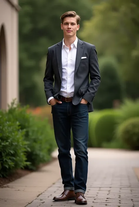 An Award Winning Masterpiece, High Quality (photorealism: 1.2) Senior Photos| Myron Edwards Photography |Classic Sophistication: "Create a sophisticated portrait of a senior boy dressed in a tailored blazer over a crisp white shirt, paired with dark jeans ...