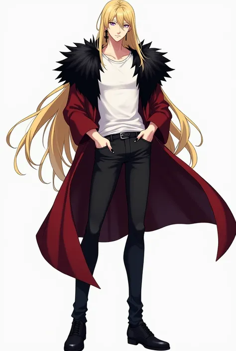 Create an anime style male character with long blonde hair and black roots, black jeans, black shoes, half tight white shirt, dark red coat with black fur on top, Cross Earrings, a little purple eye makeup, nails painted black, thin but athletic physique.