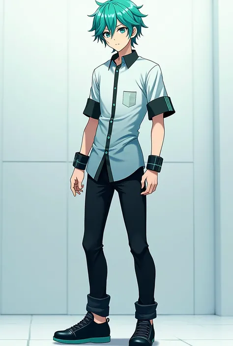 Hatsune Miku but male version, the same shirt as Hatsune Miku but for men, the long black pants, the black shoes, The black bracelets but the teal lines, the same color as hatsune miku, short hair, that is anime, Megan.