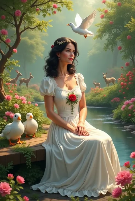 A large garden filled with blooming flowers and trees filled with fruits. A stream of water runs by the garden. Birds and butterflies are roaming around. Angels surrounding her. A beautiful curvy middle age southern woman with dark hair wearing a white bri...