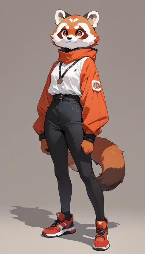 (masterpiece, best quality:1.2), 1 androgynous girl, solo, full body, (anthropomorphic Red Panda, furry, kemono), simple background