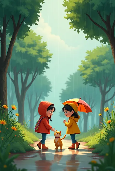 
make me an animated picture of two girls finding a cat in a park while it&#39;s raining