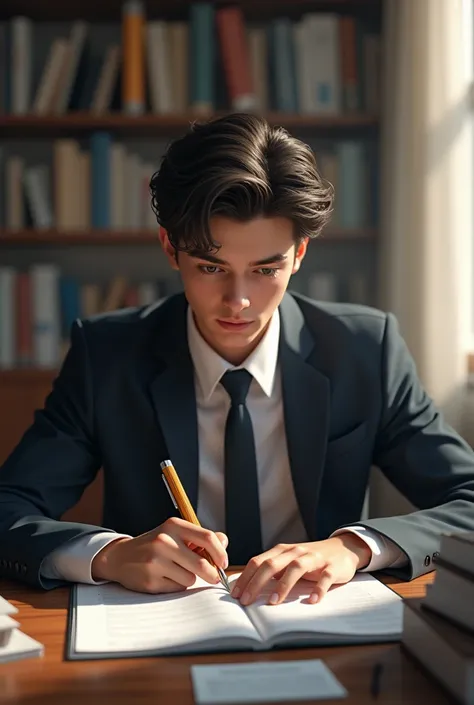 Generates an image of a high school kid studying in a suit and with his hair combed back