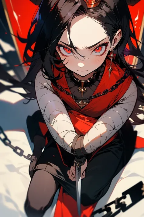 He wears a red crown and devil horns on his head., A face that looks at me helplessly, Straight hair.Black hair, Sitting helplessly in a mysterious place, His neck, arms, legs, and body are all wrapped in chains. He feels like a prisoner. , Eyes red, There...