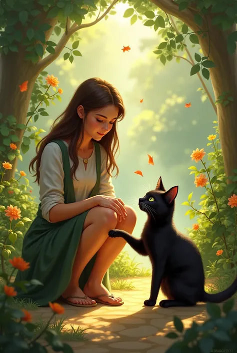 Magic Practice in the Garden: The picture shows Linda and Melody in the garden, wrapped in an atmosphere of magical practice. Melody is sitting, with a concentrated expression and a slight spark of magic coming out of one of his little paws. In front of he...