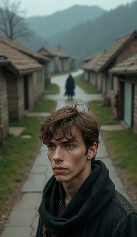  Un plan vu den bas, dun jeune homme de  aux cheveux bruns, vivant dans un petit village, il regarde de loin un homme vêtu dune cape sombre semblant marcher vers lui