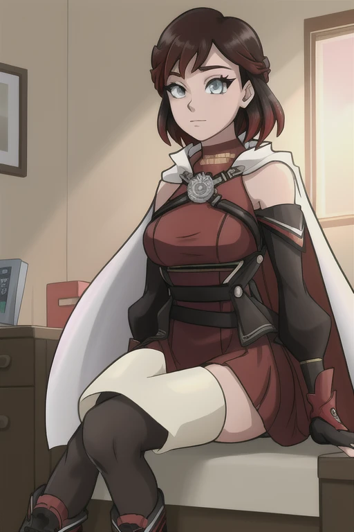 srwby, short hair, black hair, red hair,, white cape,gradient hair, grey eyes, indoors, sitting,