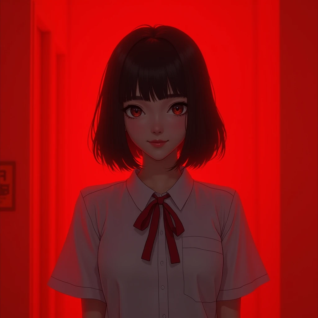 Nanno from girl from nowhere with asian mop top hair cut red background with smile dark aesthetic wearing a white school  uniform 