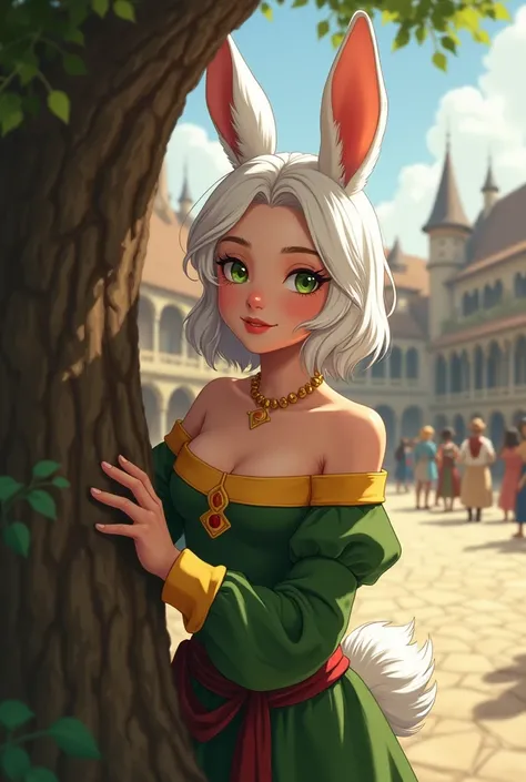 Female humanoid bunny woman at the age of 17 with above average physique, wearing a medieval traditional dress in the color of green and yellow, light green eyes, snow white shoulder length hair and a bushy white tail, looking behind a tree with a fond exp...