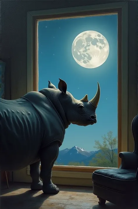 Make a rhinoceros indoors looking at the moon through the window, oil painting 