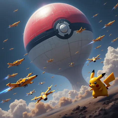 Floating in space(The top half is red,A giant Pokémon ball with the bottom half white),It&#39;s like the Death Star from Star Wars, ((Towards that giant Pokémon ball))Flying in space,Many rebel fighter planes, the X-Fighters, are modeled after Pikachu., Th...