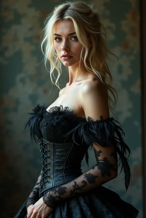 Urzan-6500-v1.1, (RAWphotograph:1.2), (Photorealistic), ,(RAWphotograph:1.2), (Realistic:1.4), (Genuine: 1.4), (masterpiece), (Blonde woman), ((black lace skirt:1.4)), wearing a black lace punk corset long dress, black victorian dress, Glamorous goth dress...