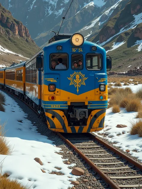 PeruRail train with blue and yellow stripes 