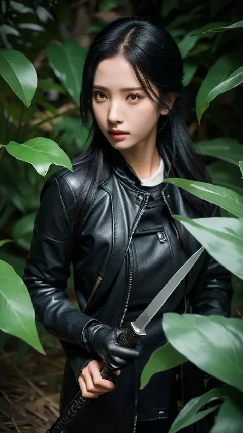 black hair, long sleeve parka, holding dagger, holding bow, cargo pants, cloth gloves, torn clothes, jungle, bear, extremely detailed eyes, extremely detailed face, best quality, extremely detailed, one person, one girl, ultra-detailed, (realistic, photo-r...