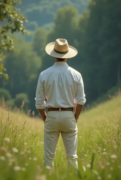 A man wearing a hat, white shirt and cream pants, back to back in the natural landscape, with grass and forest behind. REALISTIC PICTURES.