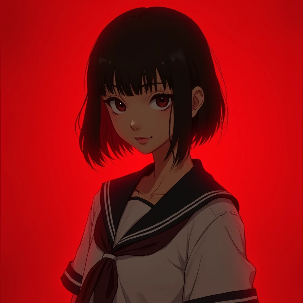 Nanno from girl from nowhere with asian mop top hair cut red background with smile dark aesthetic wearing a white school  uniform 