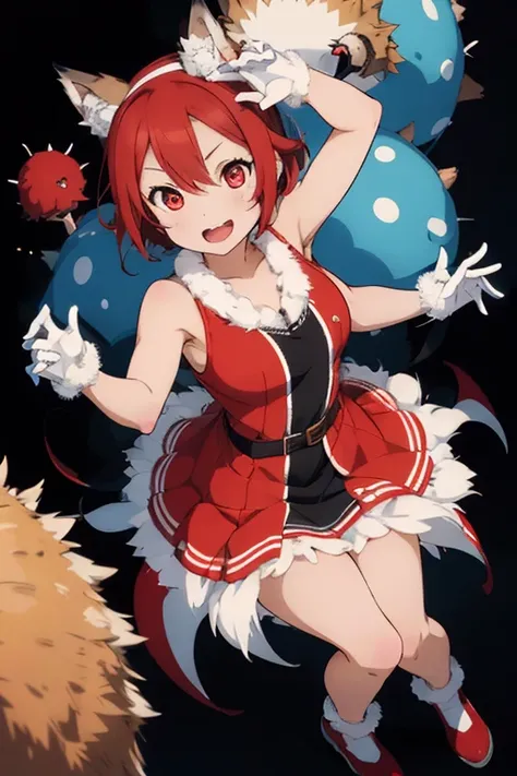 1girl, animal ears, animal nose, bare shoulders, body fur, huge chest, full body, furry, furry female, blue fur, red eyes, gloves, red hairband, red dress, red footwear, short hair, sleeveless, sleeveless dress, white gloves, thick legs, hedgehog ears, hed...