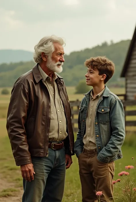 rustic photo of grandpa and his teenage grandson in the countryside