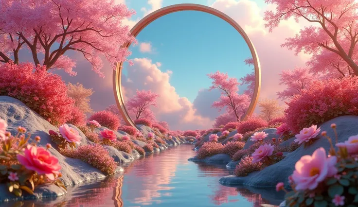 Flowers grow out of a large mirror，The sky in the mirror is dominated by pink clouds，There are flowers and plants all around，classical，Spring Garden，red，blue，gold，Dreamlike scenes，Virtual Reality，Fantasy World