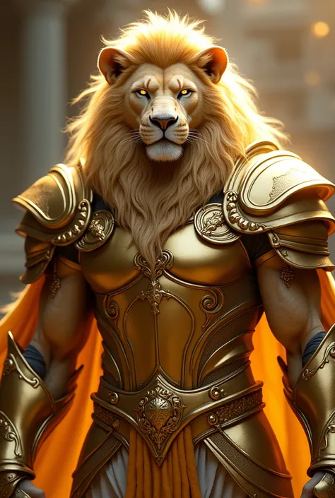 A male humanoid lion man with golden eyes, voluminous golden shoulder length hair, minor goatee, built physique, wearing a golden armor similar to a medieval paladin 