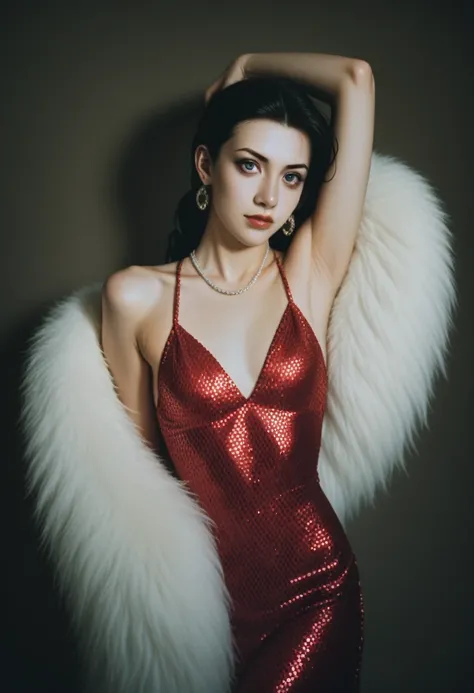 a beautiful young woman,jinx,1950s burlesque dancer,red sequin dress,feather boa,sensual pose,dramatic lighting,glamorous makeup,perfectly styled hair,elegant jewelry,opulent stage setting,dramatic shadows,vibrant colors,photorealistic,highly detailed,cine...