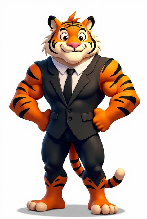 a tall tiger, athletic body, wearing a black suit, smiling face, cartoon style, photo in 8k, white background