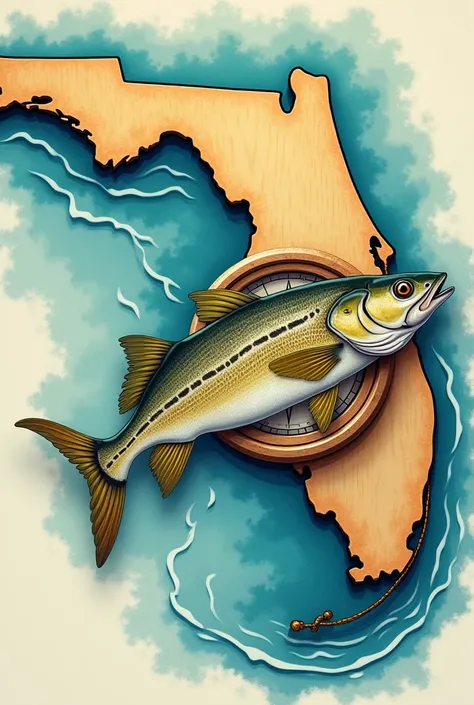 state of florida with a wooden compass on the inside of florida with some water on the inside of the state line and a snook fish on the outside 