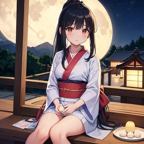 A serene summer night scene with a full moon in the clear sky. A young Japanese girl with long black hair in a ponytail, wearing a colorful yukata (summer kimono), is sitting on a wooden porch. Next to her is a plate of dango (sweet rice dumplings) for moo...