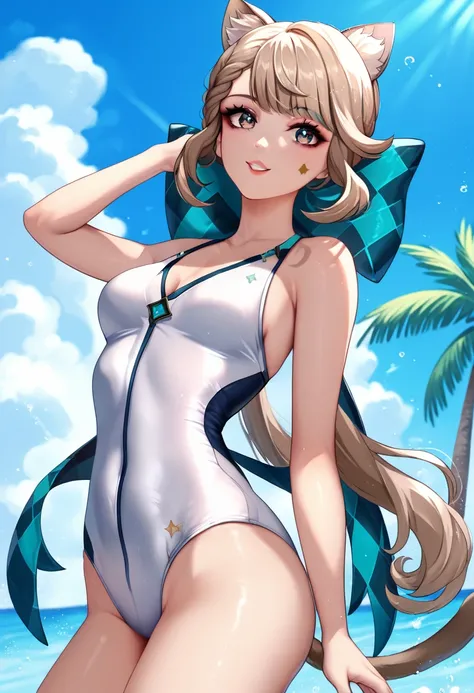 Anime style,woman , ornament hair, swimsuit, hands, wavy hair, Light brown hair, cat ears, long hair, praia scene, mar on focus, white swimsuit, sexy swimsuit, smiling, ornament hair, long hair, palm trees, looking at the viewer, cat ears,  beautiful eyes,...