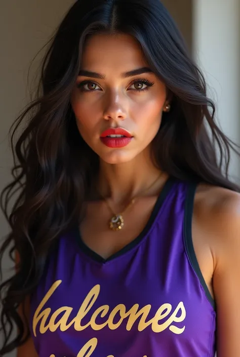 Chica latina, cara hermosa, cabello negro, ojos cafés, piel clara, labios rojos, pechos medianos, wearing a purple basketball jersey with the word "Halcones de Xalapa" on it