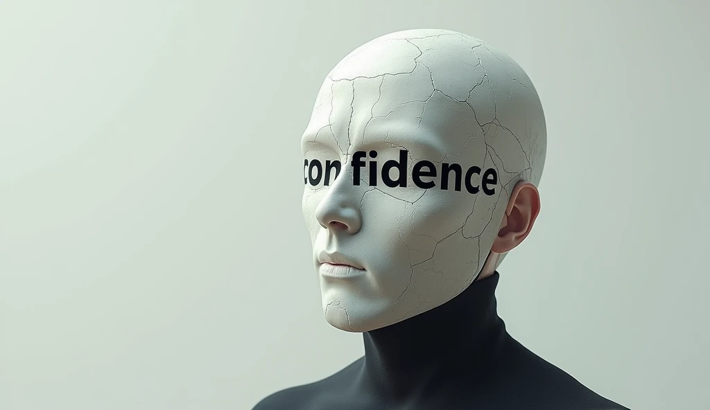 Visualize someone wearing a mask that says "Confidence" but the mask starts fading or cracking after a few days, symbolizing short-lived motivation.
