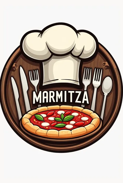 Round logo of a restaurant/pizzeria named marmitizza, that refers to hunger, Plato, cutlery, chef&#39;s hat 